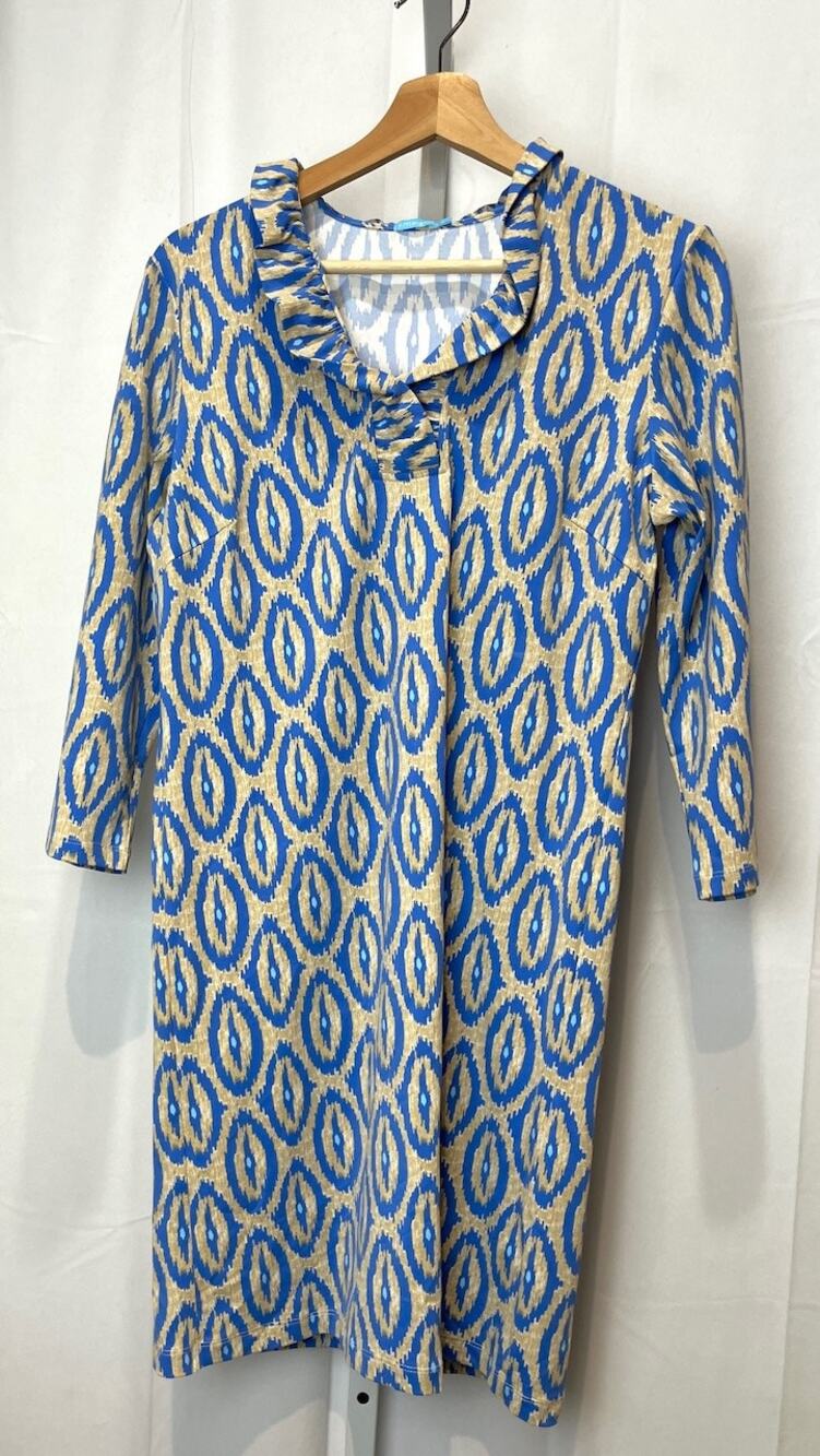 J. MCLAUGHLIN Size L Durham Ruffle Dress Hilo Tapestry Geo Ikat Print Blue Beige